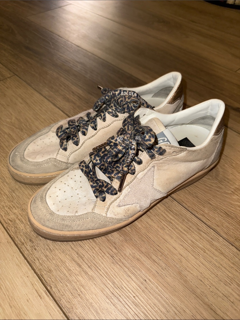 Golden Goose Beige Suede Star Sneakers with Custom Leopard Laces great condition - Picture 2 of 6